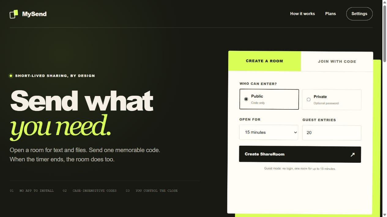MySend home page with ShareRoom creation controls